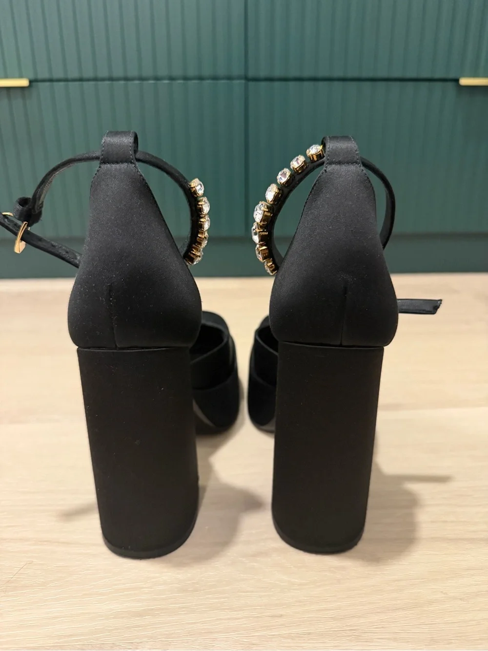 Versace Medusa Black Satin Platform Block Heel Sandals with Crystal Ankle Strap